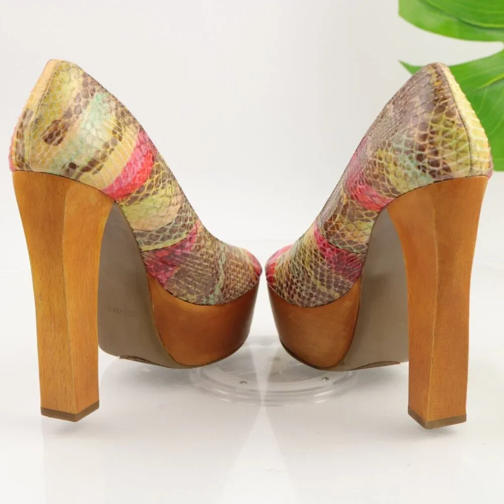 ZigiSoho Womens Jaclyn Pumps Size 8 Tan Red Python Wood Heel Platform Y2K Shoes